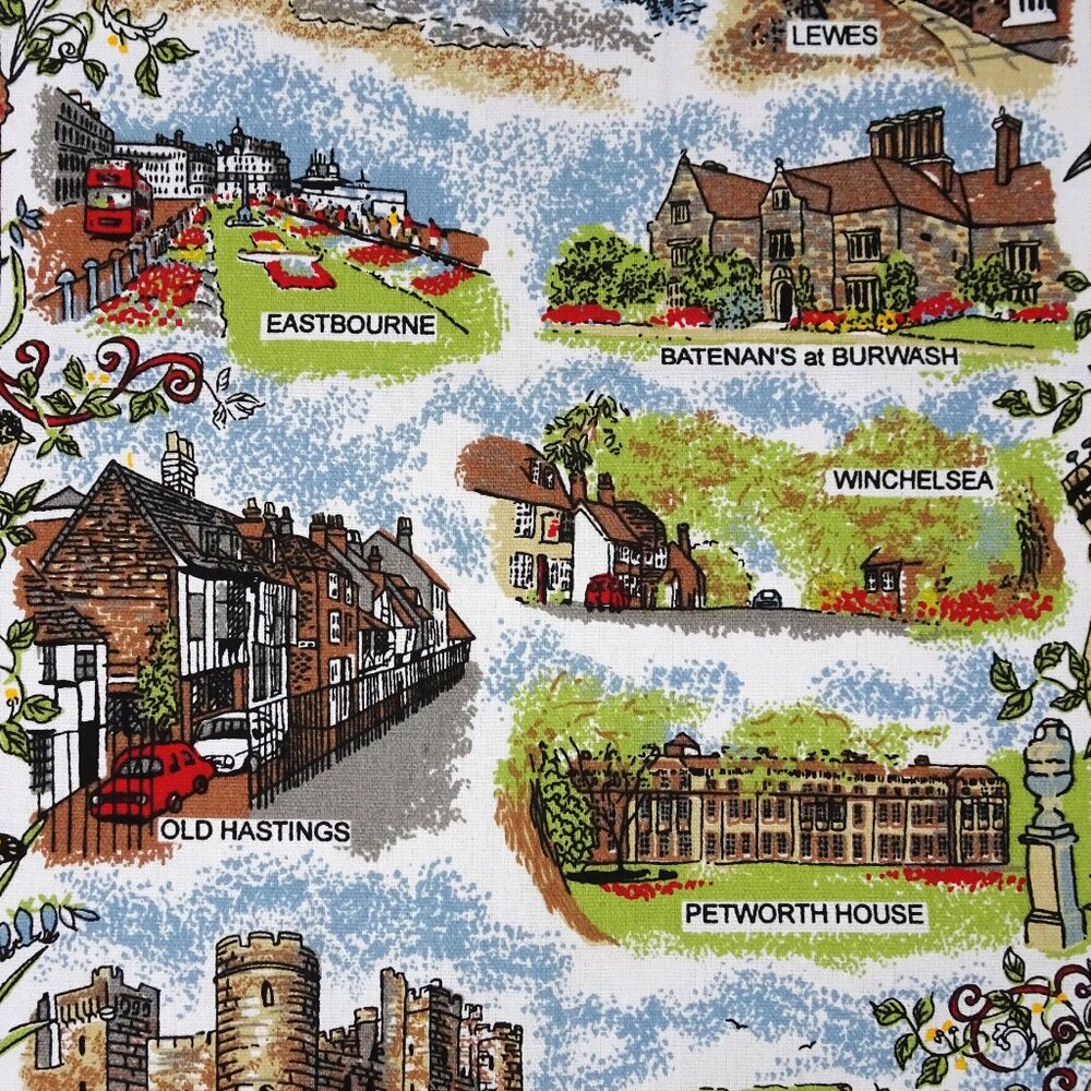New Sussex England UK Cotton Tea Dish Towel 18”x28” Souvenir Kitchen Castles